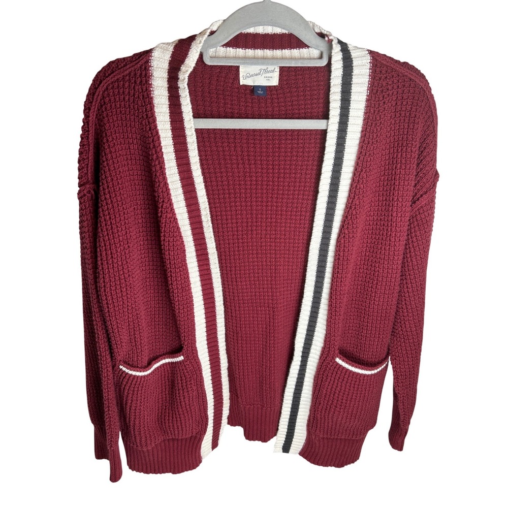 Universal Thread Burgundy Waffle Knit Cardigan With Stripe Size S 100%‎ Cotton